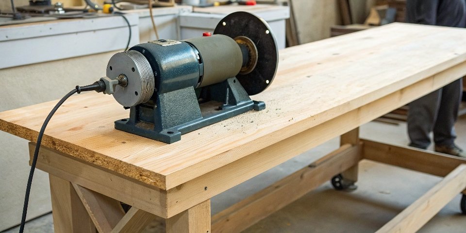 A bench grinder securely bolted to a thick wooden workbench.