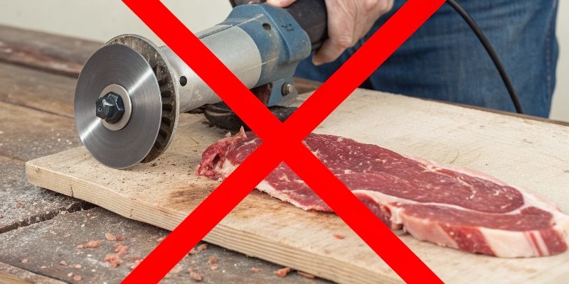 An angle grinder next to a piece of raw meat with a large red X over it