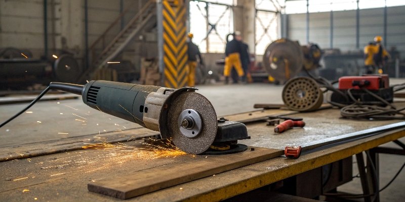 A large 9-inch angle grinder placed on a workbench with a warning sign nearby.