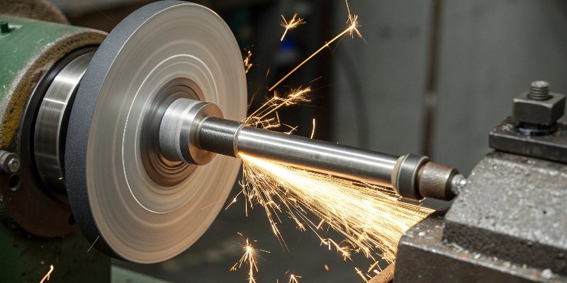 A close-up of a CBN grinding wheel sharpening a high-speed steel tool