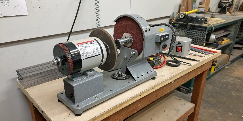 A beginner-friendly belt grinder set up in a workshop