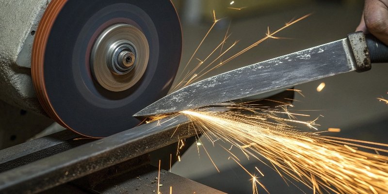A grinding wheel creating sparks on a blade next to a honing steel straightening a knife edge