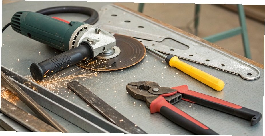 An assortment of inexpensive metal cutting tools like an angle grinder, hacksaw, and tin snips.