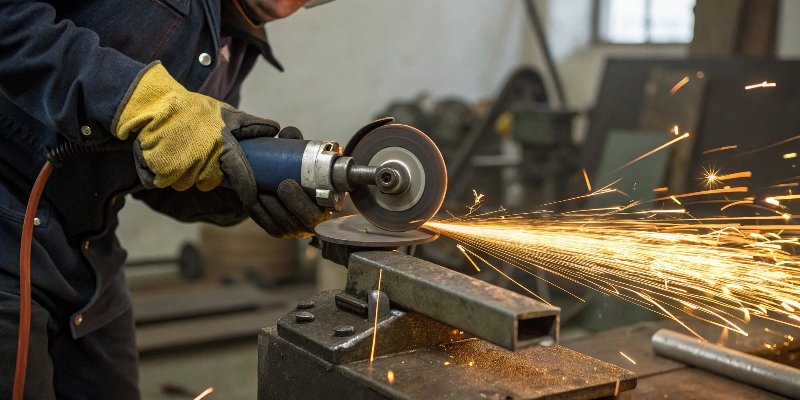 An angle grinder cutting a metal bolt clamped in a vise.