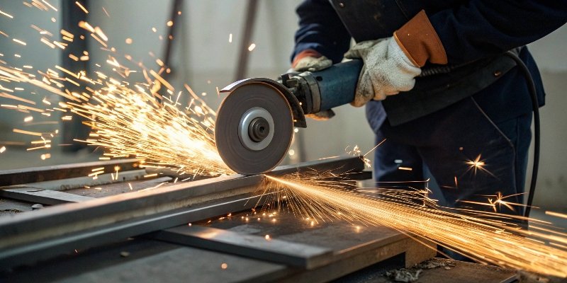 An angle grinder cutting a piece of hardened steel with sparks a professional workshop