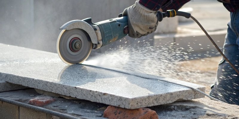 an angle grinder cutting a slab of granite with water spray for cooling