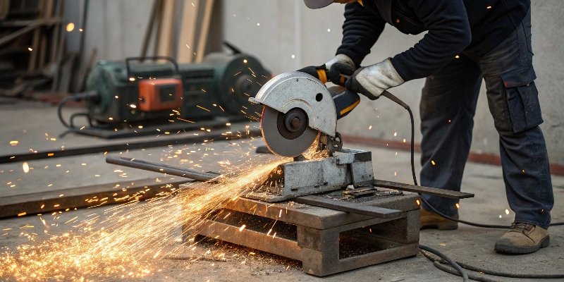An abrasive chop saw cutting through different materials like metal, tile, and concrete