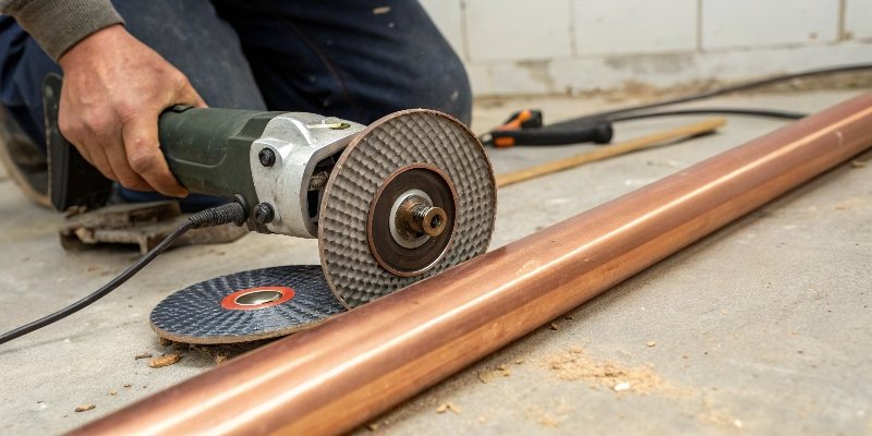 An angle grinder with a diamond cutting disc next to a copper pipe.
