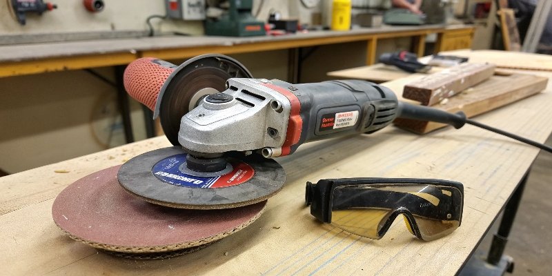 Angle grinder with a sanding disc attached, ready for work.