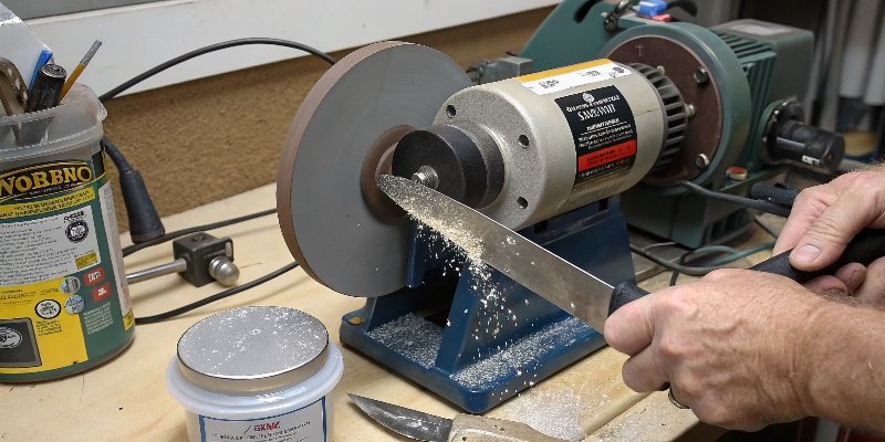 A bench grinder set up to sharpen a knife.
