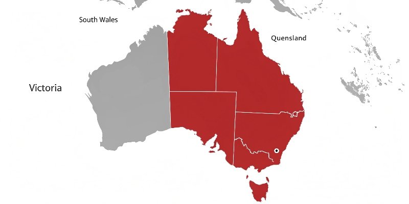 A map of Australia highlighting the states of Queensland, New South Wales, and Victoria in red.