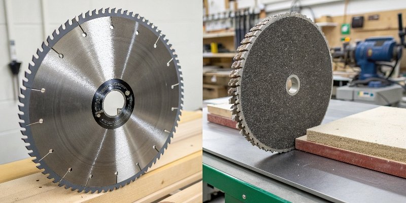 Side-by-side comparison of a toothed miter saw blade and a solid abrasive chop saw disc