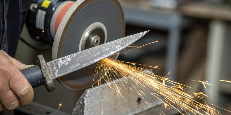 Close-up of a knife edge against a grinding wheel.