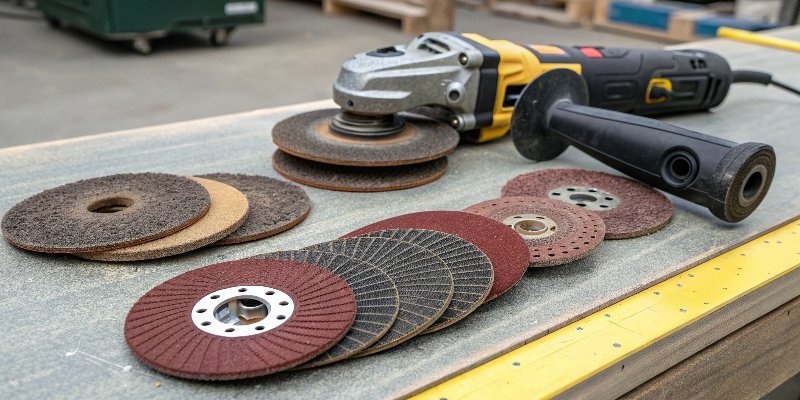 A collection of sanding discs and backing pads for an angle grinder.
