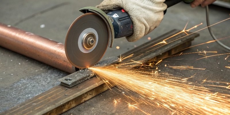 Close-up of a diamond cutting disc slicing through a copper pipe with sparks.
