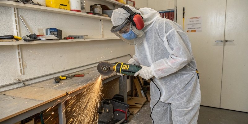 A person wearing full personal protective equipment (PPE) before using an angle grinder.