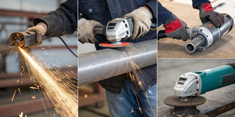 A collage showing an angle grinder being used for cutting metal, grinding a weld, and polishing a surface.