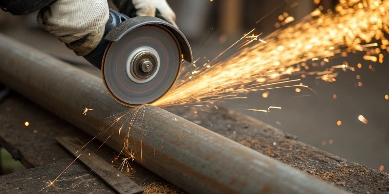 A close-up shot of an angle grinder cutting through a metal pipe with sparks flying.
