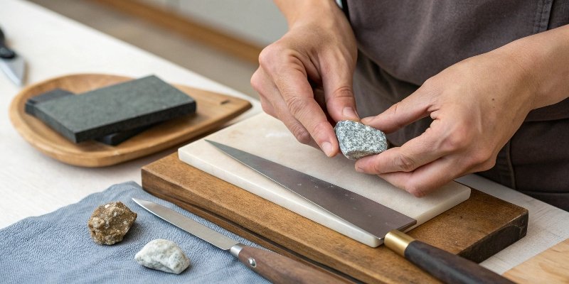 a person choosing between a diamond stone and a whetstone
