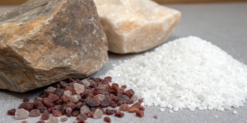 A raw mineral rock next to a pile of manufactured abrasive grain