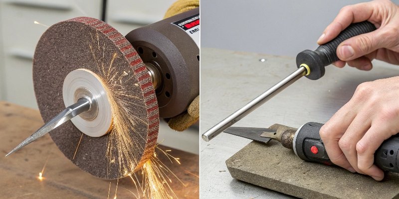 Split image showing a high-speed grinding wheel and a hand-held honing rod