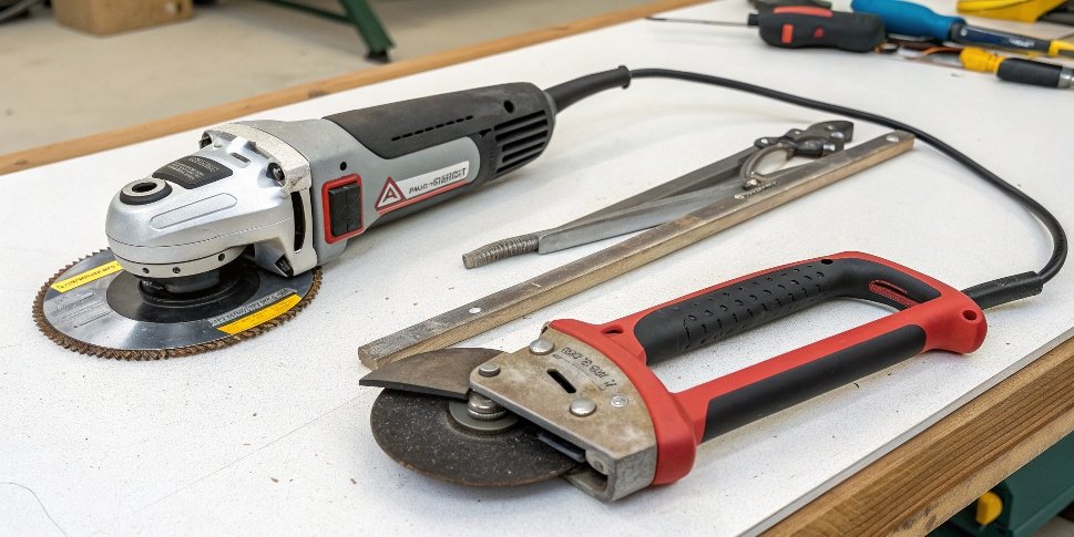 A side-by-side comparison of an angle grinder, a hacksaw, and tin snips on a workbench.