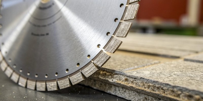 close-up of a segmented diamond blade's edge showing the diamond grit