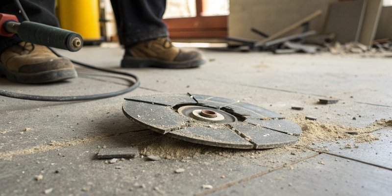 A shattered abrasive cutting disc on a workshop floor