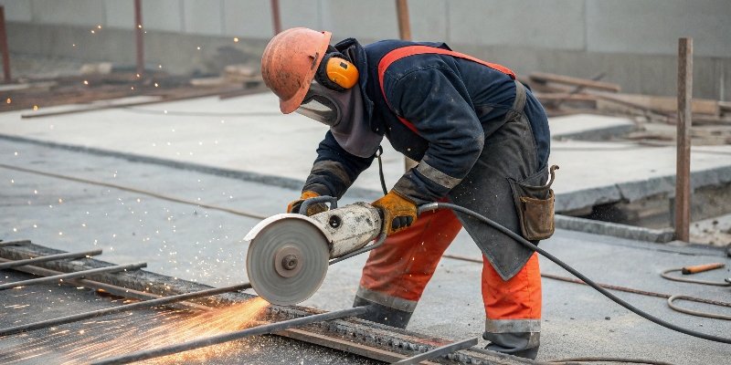 A construction worker in full PPE using a large angle grinder to cut thick rebar on a civil engineering project.