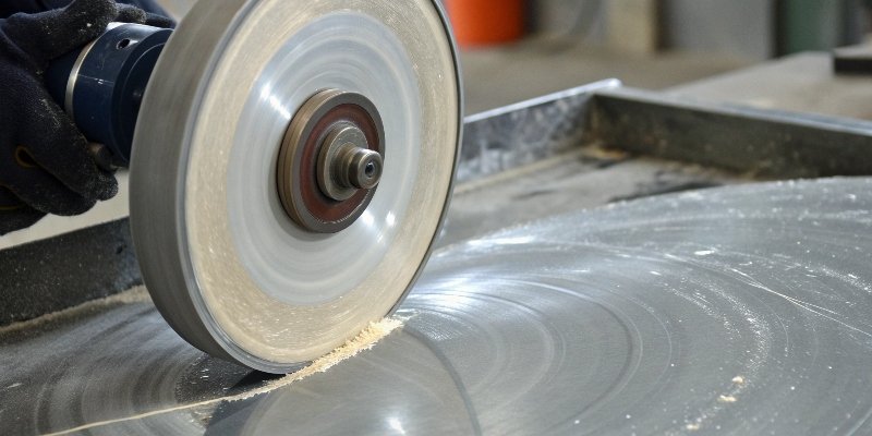 a before and after comparison of a metal surface polished with a buffing wheel