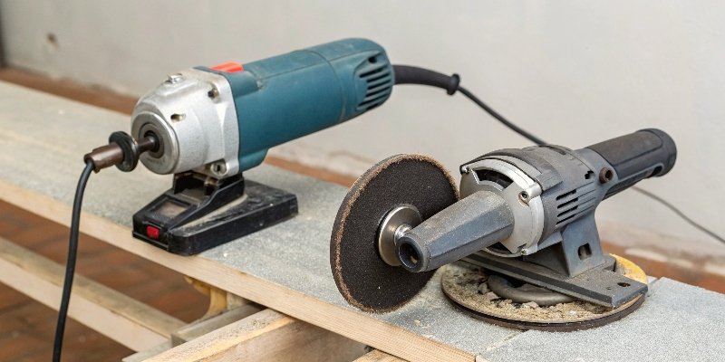 An angle grinder side-by-side with a bench grinder to show the difference in size, shape, and portability.