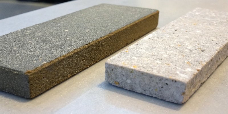Side-by-side comparison of a coarse and fine whetstone surface