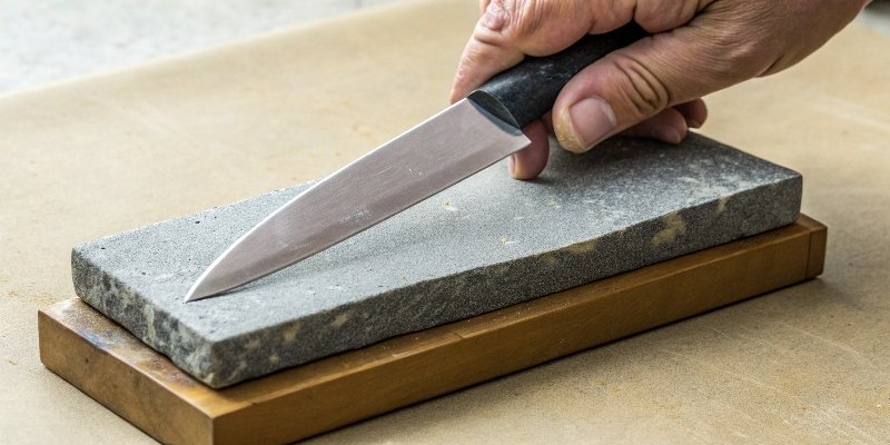 A knife held at a 20-degree angle on a sharpening stone.