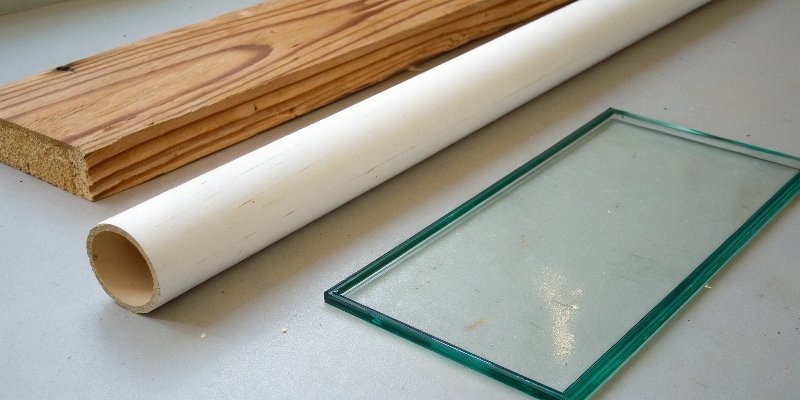 An image showing a piece of wood, a pane of glass, and PVC pipe with a "do not cut" symbol