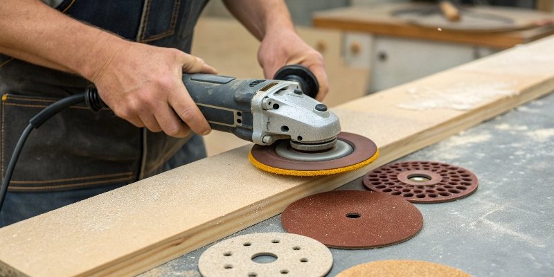 A person attaching a sanding backing pad onto an angle grinder.