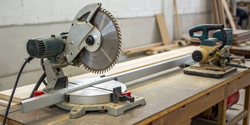 A standard miter saw equipped with a metal-cutting toothed blade next to an abrasive chop saw