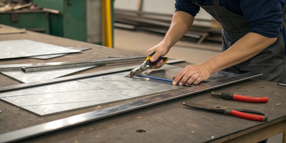 A person cutting a thin metal sheet with tin snips on a workbench.