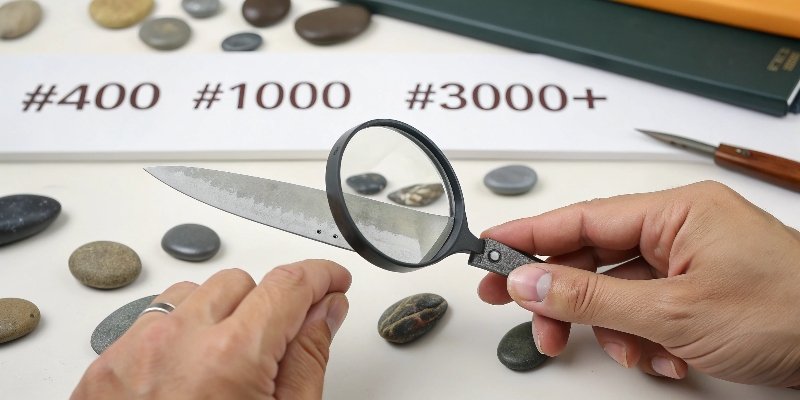 A person inspecting the edge of a knife blade closely
