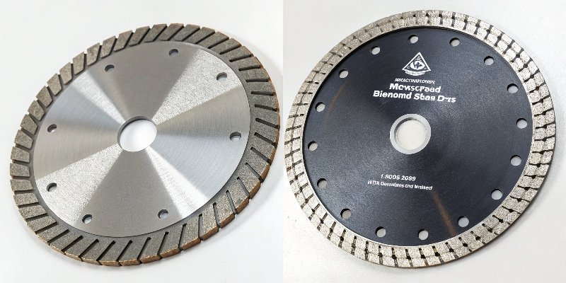 comparison shot of a diamond blade next to a standard abrasive cutting disc