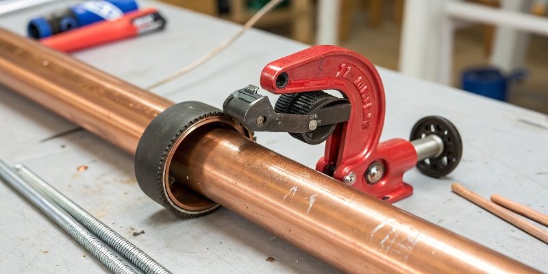 A manual pipe cutter clamped onto a copper pipe, ready to be turned.