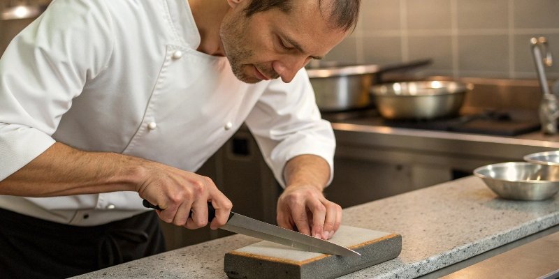 a chef sharpening a knife on a whetstone