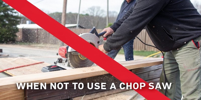 A large red X over an image of someone trying to cut a curved piece of wood with a chop saw