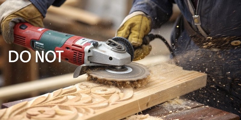 A "do not" symbol over an image of an angle grinder being used for fine wood carving.
