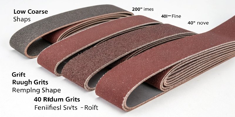 A sequence of sanding belts laid out from coarse to fine grit