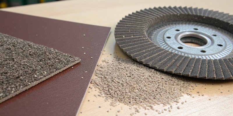 A sheet of sandpaper and a grinding wheel with abrasive grains visible