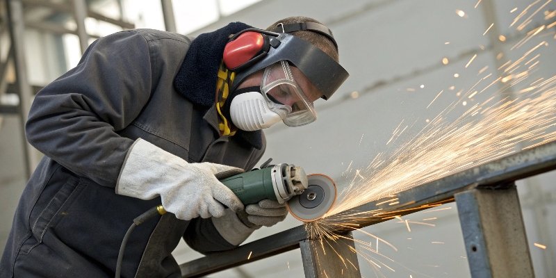 A worker wearing full safety gear including goggles, gloves, and a mask while using an angle grinder