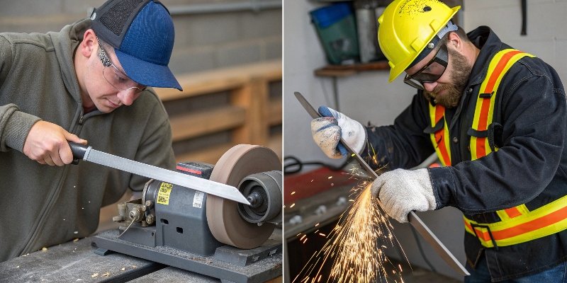 A person easily using a honing steel versus someone carefully operating a bench grinder with safety gear