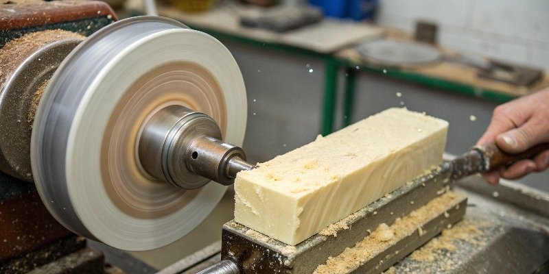 a solid bar of polishing compound being applied to a spinning buffing wheel