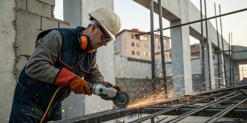 A construction worker using an angle grinder to cut rebar on a building site.