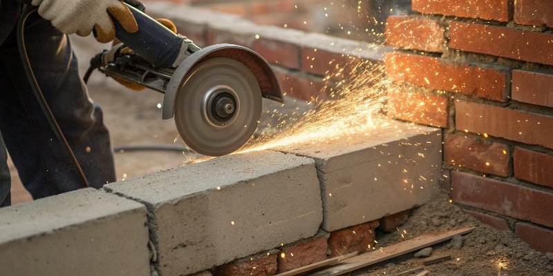 A close-up shot of a diamond blade on an angle grinder cutting into a brick wall, with dust and sparks flying.